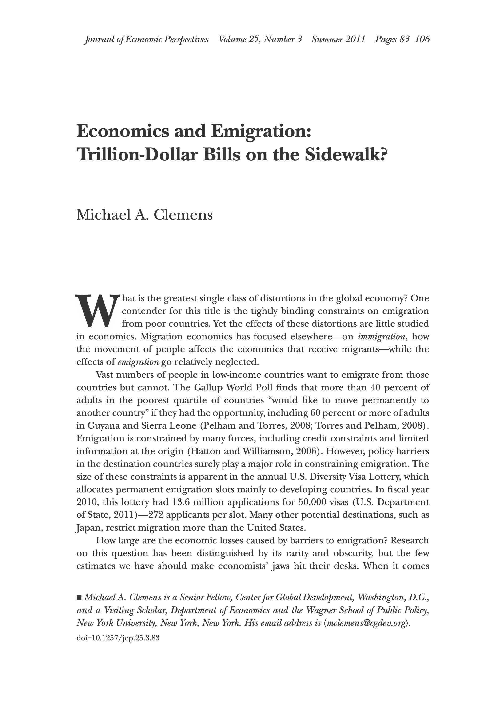 The first page of the Clemens' article 'Economics and Emigration'.