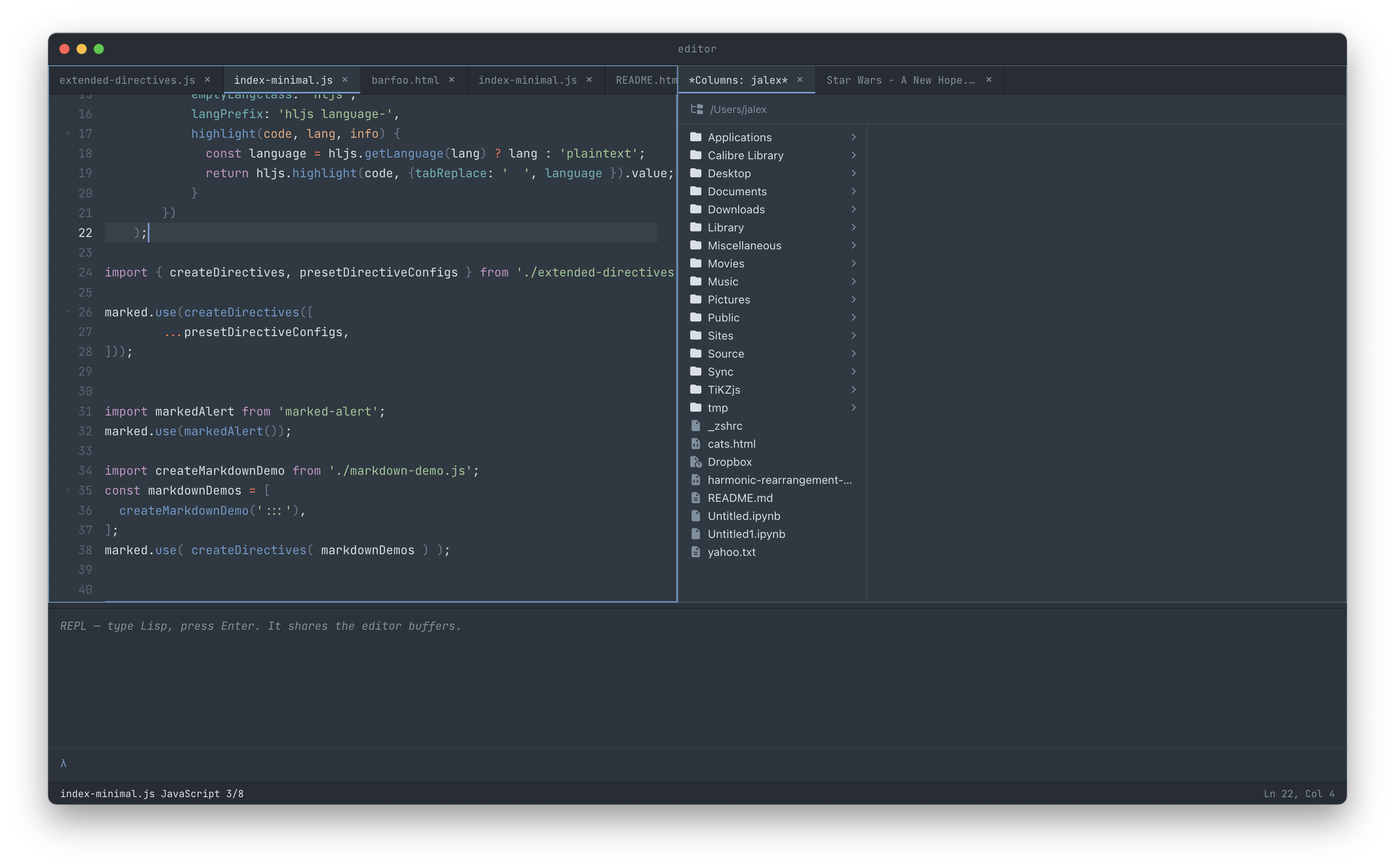 A multi-pane layout with two tablines